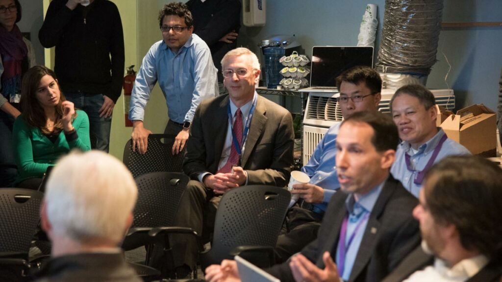 Michael Recht, MD, center, in a meeting with the scientific advisory board of the Center for Advanced Imaging Innovation and Research.