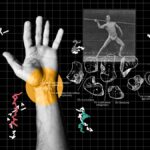 An illustration showing a hand, a drawing of carpal bones, and a man throwing a spear.
