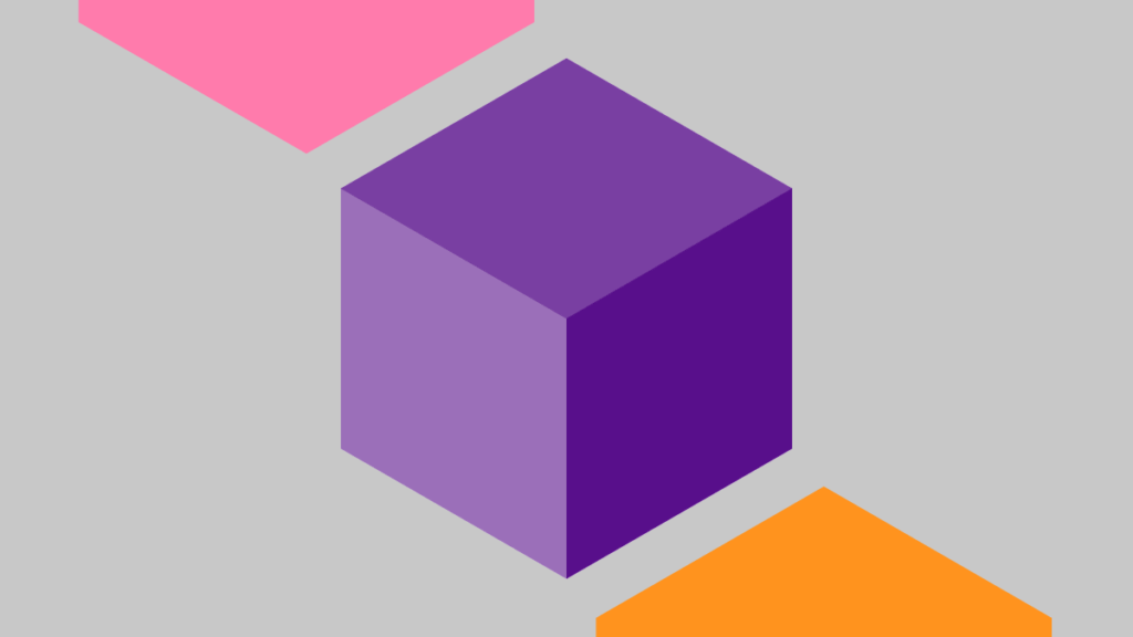 Abstract illustration: purple cube near color planes on gray background.