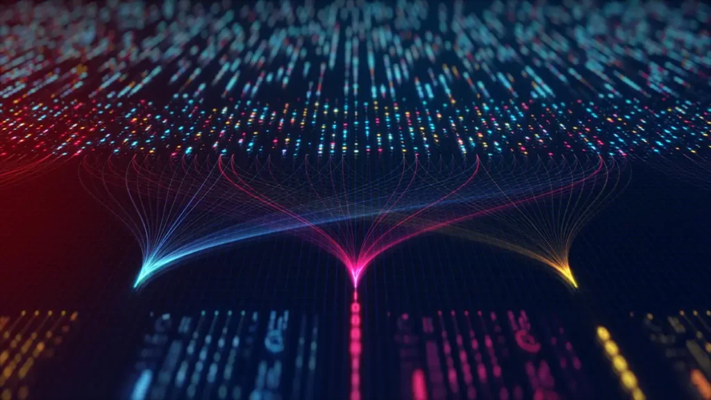 Illustration: abstract, structured luminous dots and graphs.