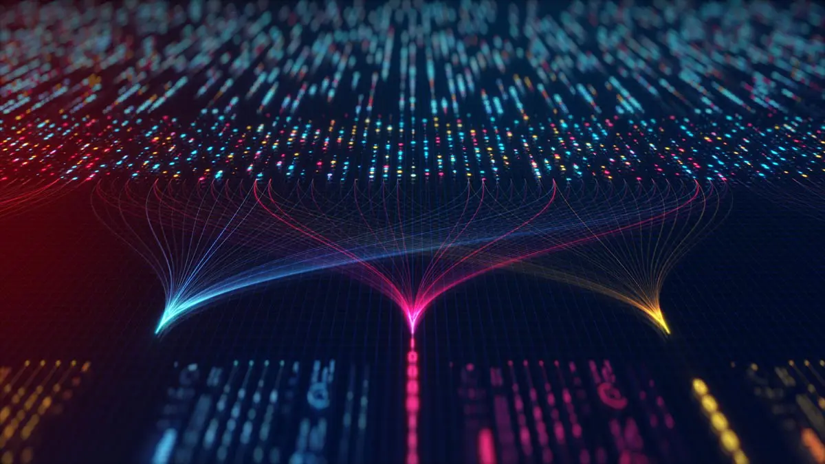 Illustration: abstract, structured luminous dots and graphs.