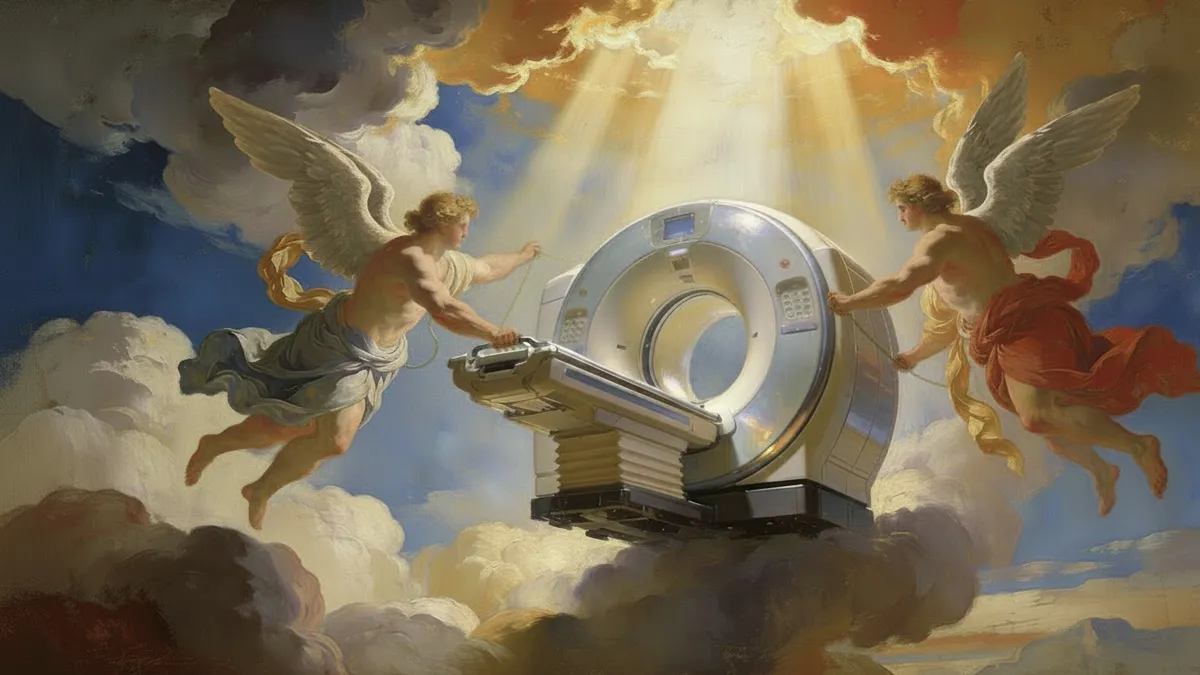 Illustration: angels taking an MRI scanner up to the heavens.