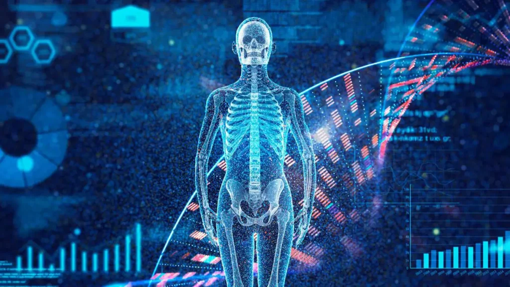 Illustration: human skeletal system on background of graphs and coiling DNA.