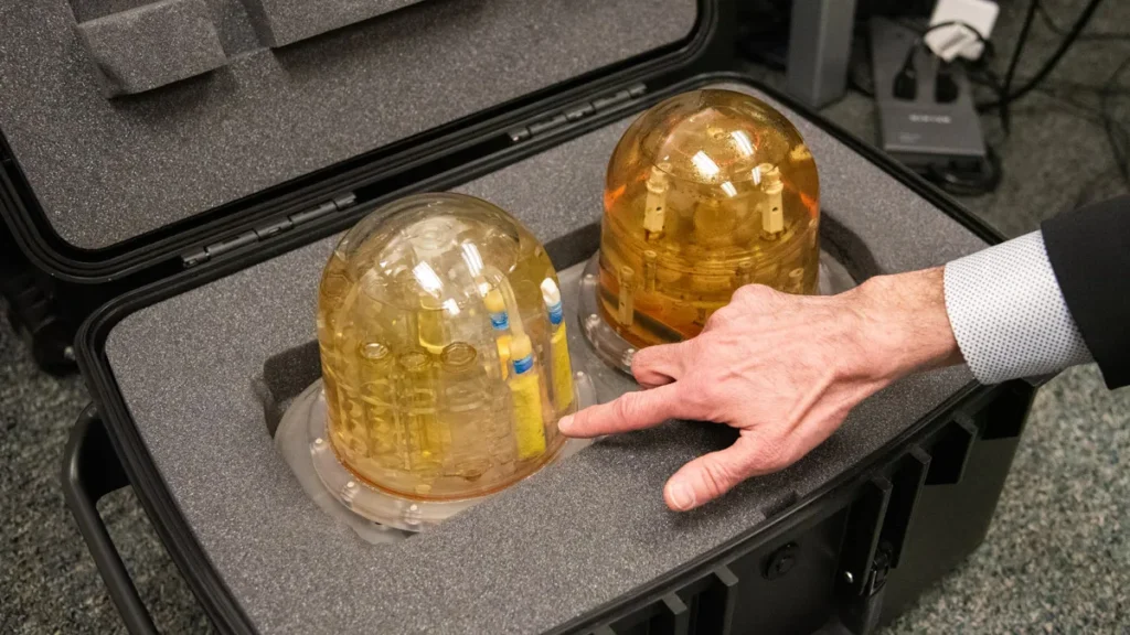 Photo: Hand pointing to a breast phantom.