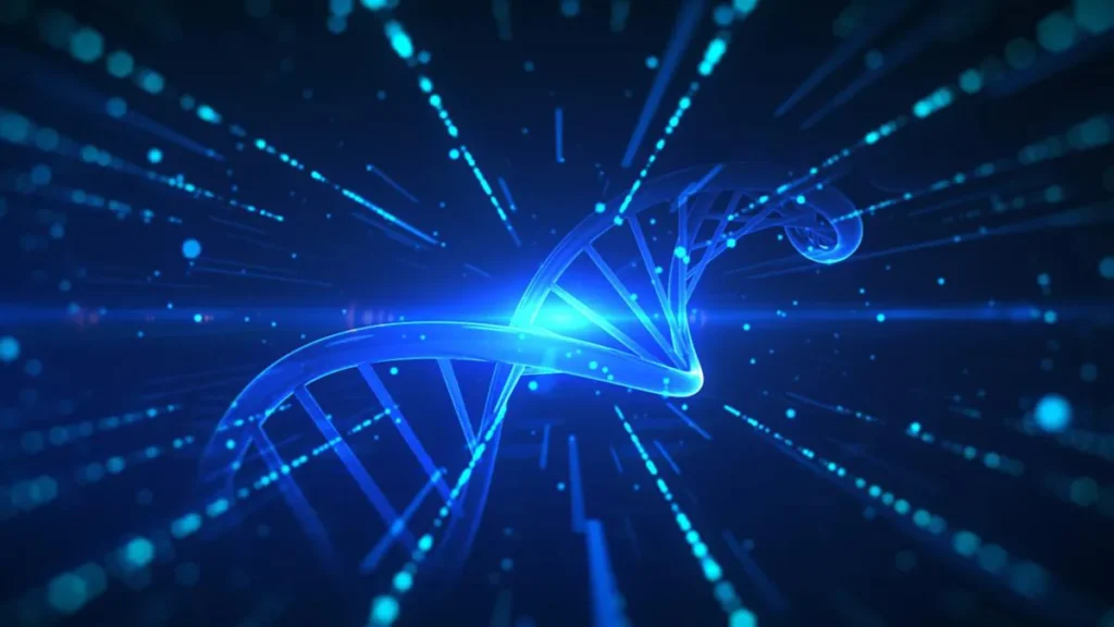 Illustration: DNA coil on dark-blue background.