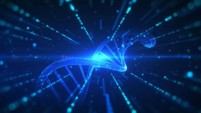 Illustration: DNA coil on dark-blue background.